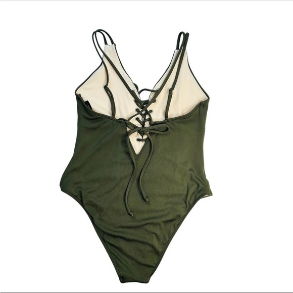 LA Hearts by PacSun Tie Front One-Piece Swimsuit Olive Green Ribbed SizeXS - Picture 2 of 13